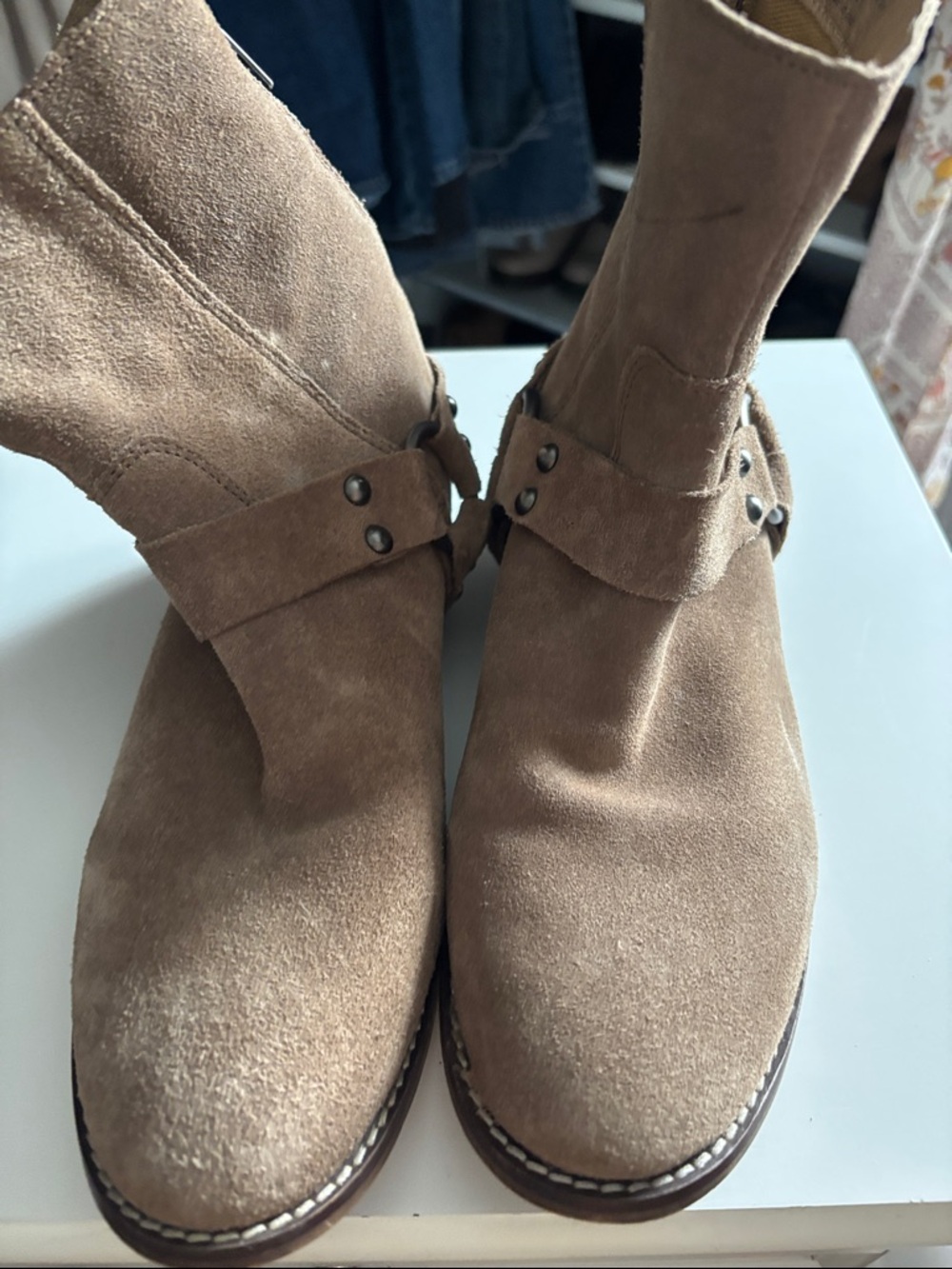 Suede Harness Ankle Boots in Light Brown